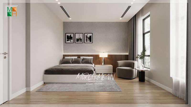 Giường ngủ mang phong cách thiết kế hiện đại đóng vai trò là điểm nhấn giúp không gian trở nên tiện nghi và mang lại cảm giác thoải mái êm ái dễ chịu mỗi khi bước chân vào căn phòng.