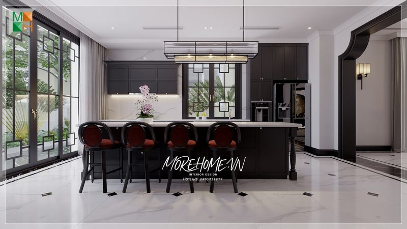 Sang trọng và ấn tượng trong không gian phòng bếp ăn của gia đình với phòng cách thiết kế Indochine.