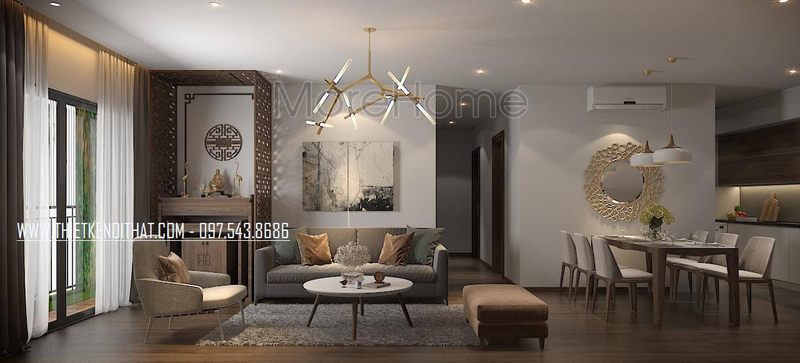 Thiết kế nội thất phòng khách hiện đại nhờ vào sự kết hợp của mẫu sofa văng bằng nỉ, đôn sofa, bàn trà hiện đại