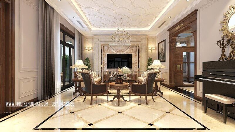 Gợi ý thiết kế trang trí không gian phòng khách biệt thự đẹp với mẫu bàn ghế sofa đơn bằng gỗ óc chó cao cấp