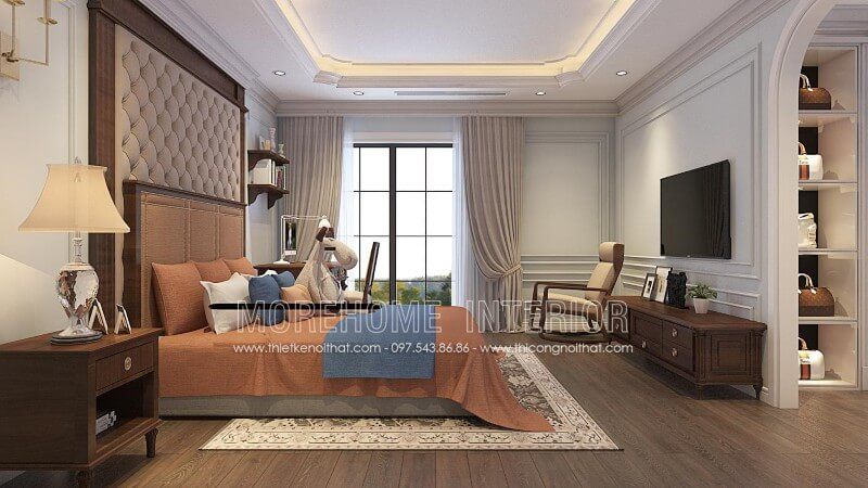 Mẫu giường ngủ bọc nỉ có đầu giường ấn tượng là lựa chọn tuyệt vời cho phòng ngủ của biệt thự.